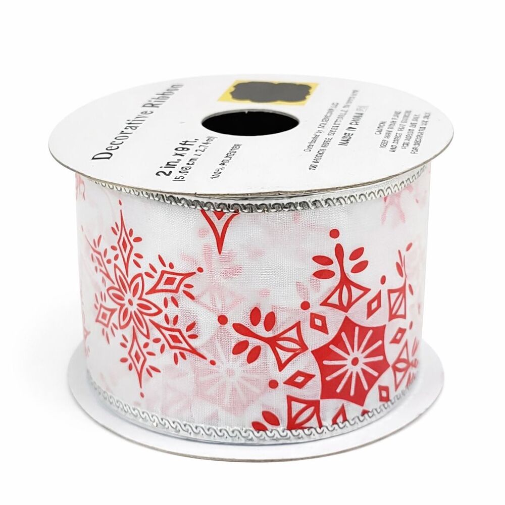 100% Polyester Red White Silver Christmas Snowflake Decorative Ribbon 2" x 9'